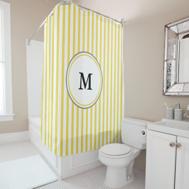 Grey Monogram Template on White and Yellow Striped Shower Curtain (In Situ)