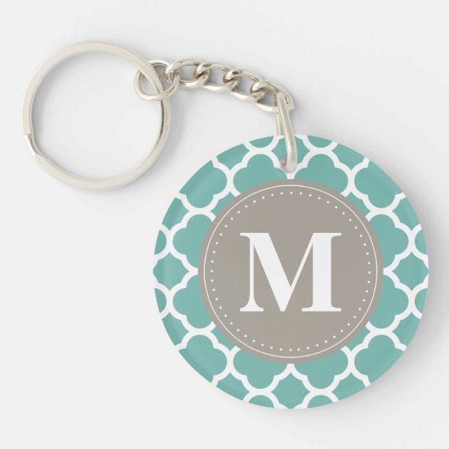 Grey Monogram Turquoise  Quatrefoil Pattern Key Ring (Front)