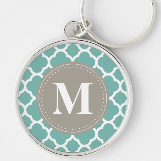 Grey Monogram Turquoise  Quatrefoil Pattern Key Ring (Front)