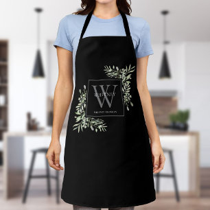 Grey Monogram Watercolor Greenery Leaves Black Apron