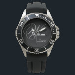 Grey Monogram White Name Classic Rugged Groomsman Watch<br><div class="desc">Honour your Groomsman with this rugged stainless steel watch featuring a bold black dial and dark grey face. The design showcases an elegant light grey monogram alongside "Groomsman" and the wedding date in a masculine font, accented by a crisp white first name for a high-impact, personalised look. Quickly and Easily...</div>