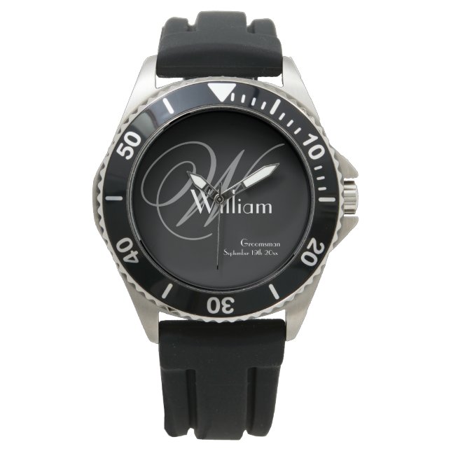 Grey Monogram White Name Classic Rugged Groomsman Watch (Front)