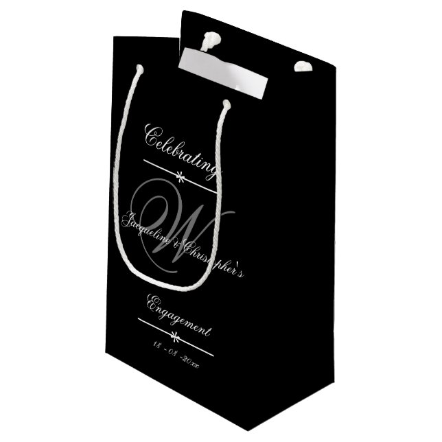 Grey Monogram White Script Engagement Party Black Small Gift Bag (Back Angled)