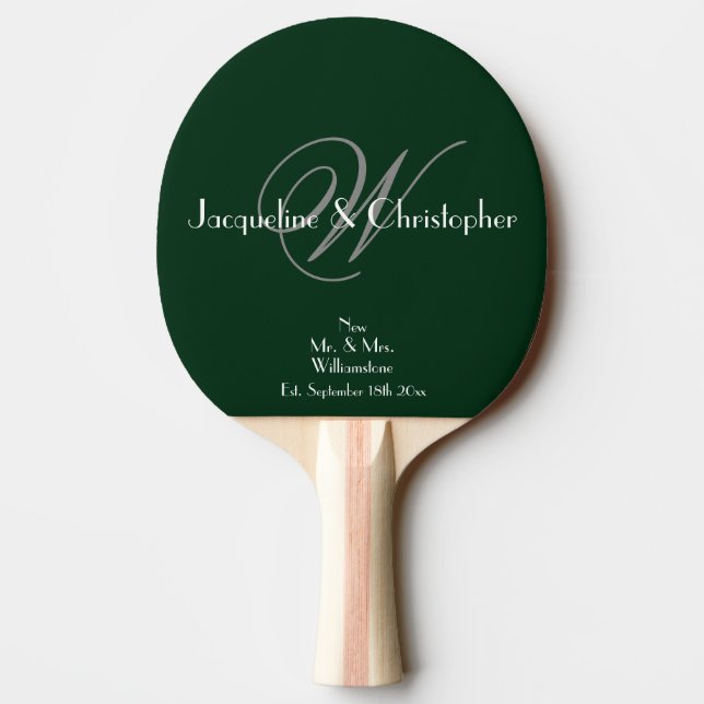 Grey Monogram White Script Names Newlyweds Green Ping Pong Paddle (Back)