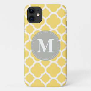 Grey Monogram Yellow Quatrefoil Pattern iPhone 11 Case