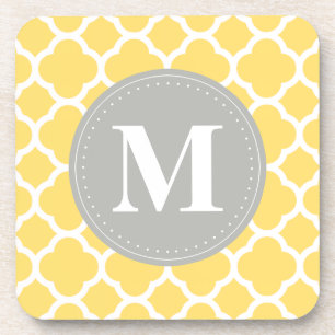 Grey Monogram Yellow Quatrefoil Pattern Coaster