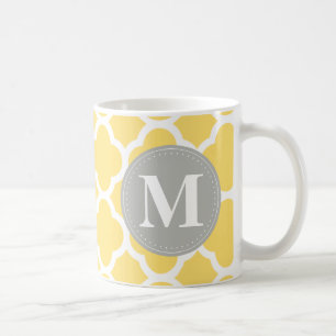 Grey Monogram Yellow Quatrefoil Pattern Coffee Mug