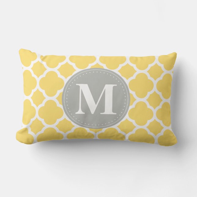 Grey Monogram Yellow Quatrefoil Pattern Lumbar Cushion (Front)