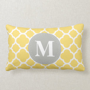 Grey Monogram Yellow Quatrefoil Pattern Lumbar Cushion