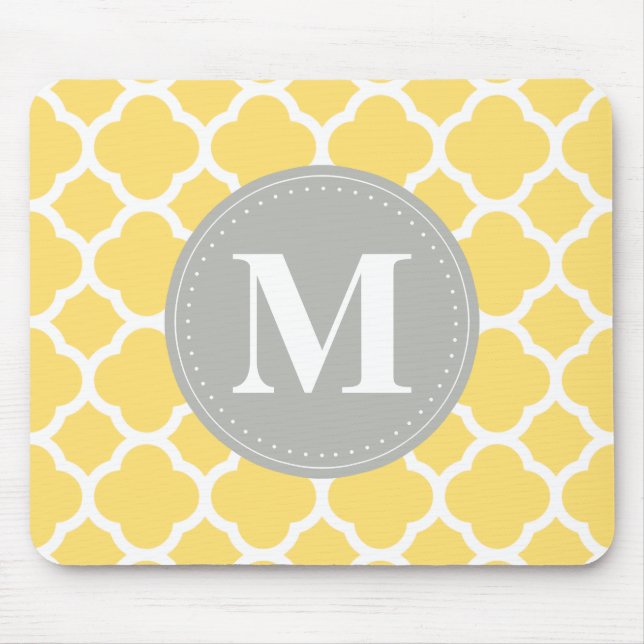 Grey Monogram Yellow Quatrefoil Pattern Mouse Pad (Front)