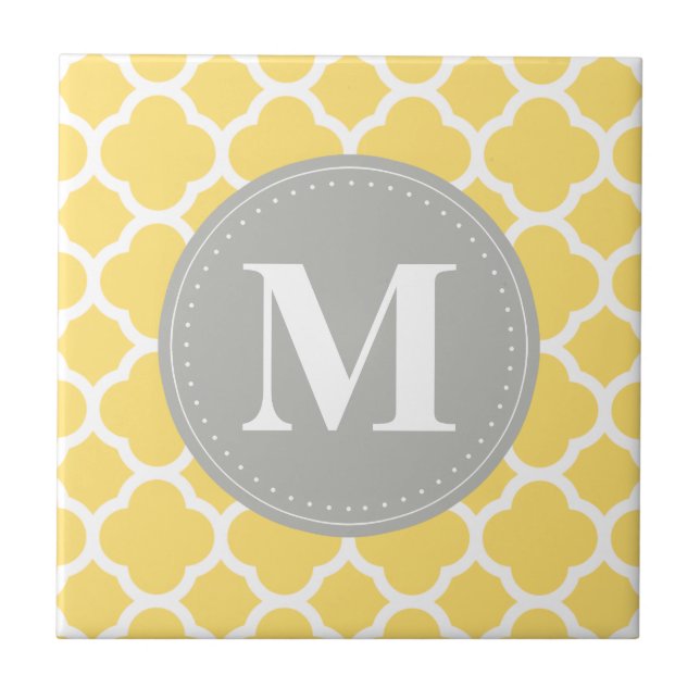 Grey Monogram Yellow Quatrefoil Pattern Tile (Front)