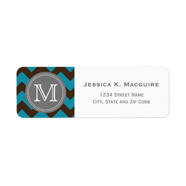 Grey Monogrammed Brown Blue Chevron Return Address Label (Front)