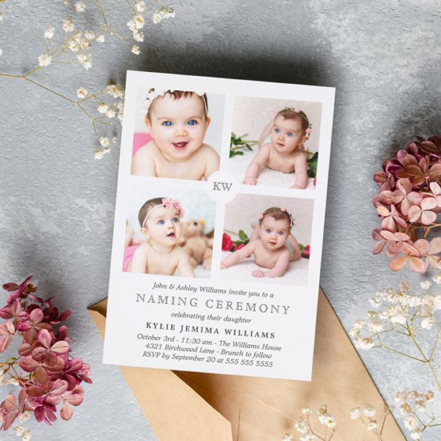 Grey Monogrammed Photo Collage Naming Ceremony Holiday Card (Creator Uploaded)