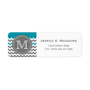 Grey Monogrammed Teal Blue Chevron Return Address Label