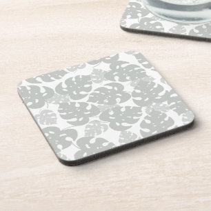 Grey monstera leaf tropical coaster set