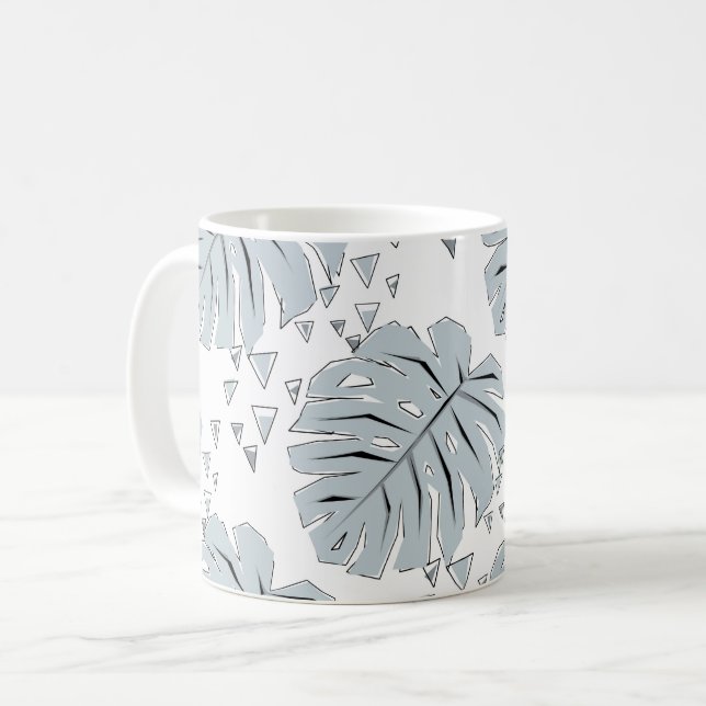 Grey monstera leaves on white  coffee mug (Front Left)