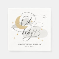 Grey Moon and Stars Script Oh Baby Shower Napkins