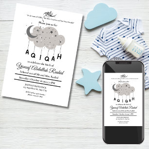 Grey Moon Cloud Star Baby Boy Muslim Aqiqah Aqeeqa Invitation