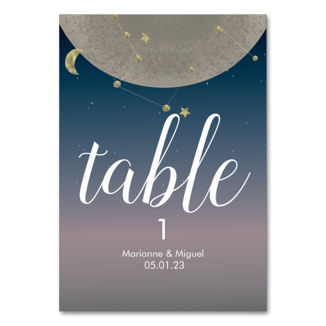 Grey Moon Constellation Ombre Sky Wedding Table Number (Front)