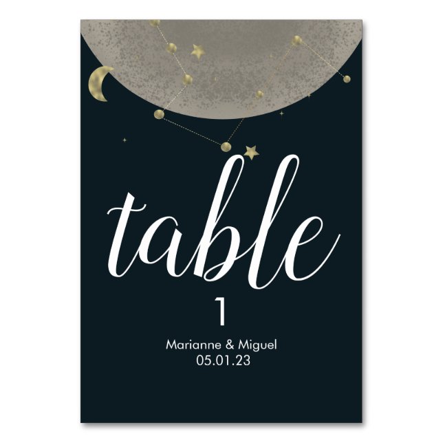Grey Moon Constellation Sky Wedding Table Number (Front)