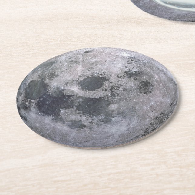 Grey moon photo round paper coaster (Angled)