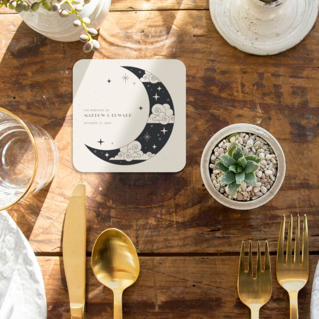 Grey Moon & Stars Celestial Wedding Reception Square Paper Coaster (Creator Uploaded)