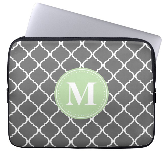 Grey Moroccan Lattice Mint Monogram Laptop Sleeve (Front)