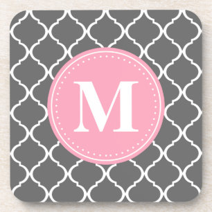 Grey Moroccan Lattice Pink Monogram Coaster