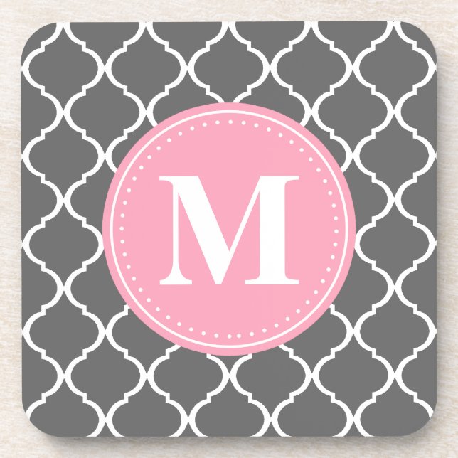 Grey Moroccan Lattice Pink Monogram Coaster (Front)