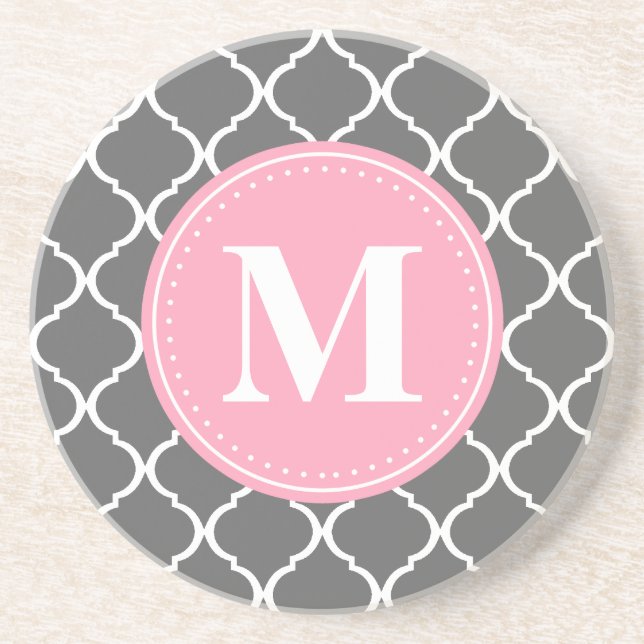 Grey Moroccan Lattice Pink Monogram Coaster (Front)