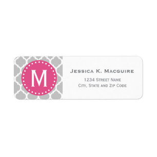 Grey Moroccan Lattice Pink Monogram Frame Return Address Label