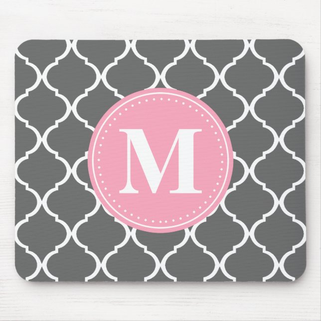 Grey Moroccan Lattice Pink Monogram Mouse Pad (Front)