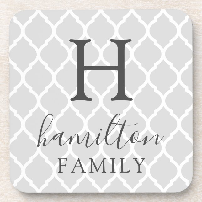 Grey Moroccan Pattern Family Monogram Coaster (Front)