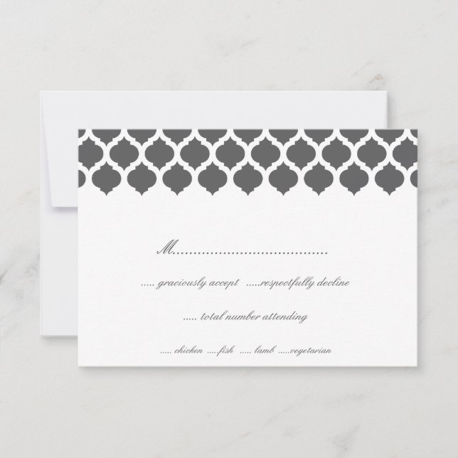 Grey Moroccan Pattern Wedding Party RSVP Cards (Front)