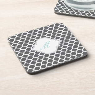 Grey Moroccan Pattern with Monogram Cork Coasters