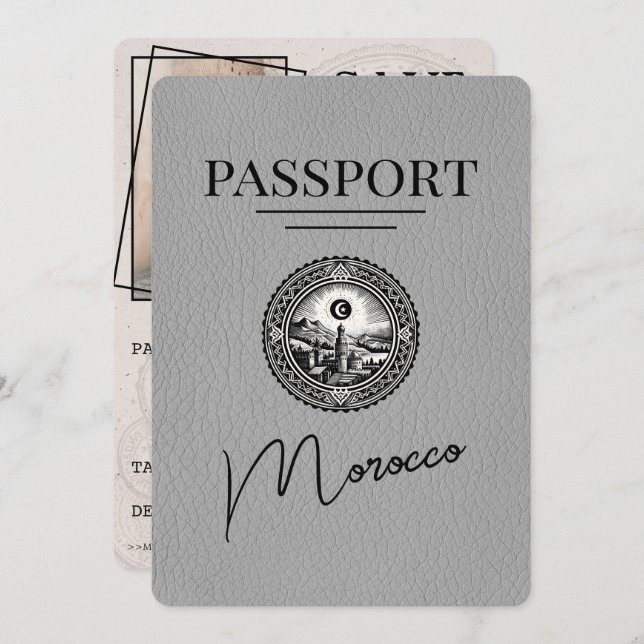 Grey Morocco Passport Save The Date (Front/Back)