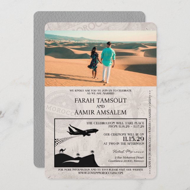 Grey Morocco Passport Wedding Invitation (Front/Back)