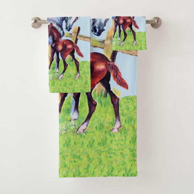 Grey Mother Horse by fence in Grass With Baby Colt Bath Towel Set (Insitu)