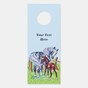 Grey Mother Horse Grass With Brown Colt Blue Sky Door Hanger