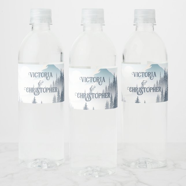 Grey Mountain Fog Forest Wilderness Custom Wedding Water Bottle Label (Bottles)