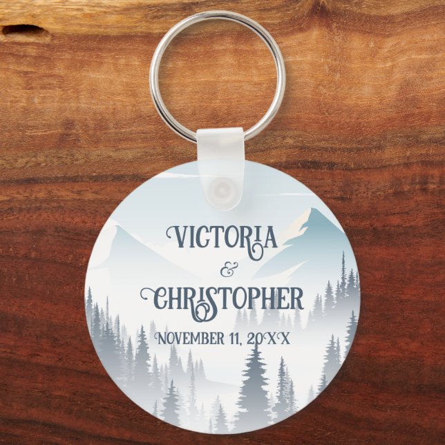 Grey Mountain Fog Forest Wilderness Wedding Key Ring (Front)