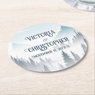 Grey Mountain Fog Forest Wilderness Wedding Round Paper Coaster