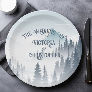 Grey Mountain Fog Forest Wilderness Winter Wedding Paper Plate
