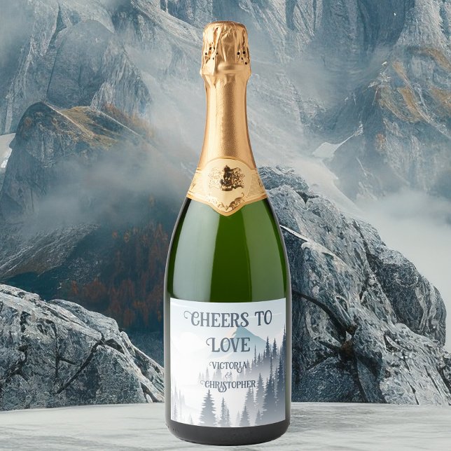 Grey Mountain Fog Forest Wilderness Winter Wedding Sparkling Wine Label (Creator Uploaded)
