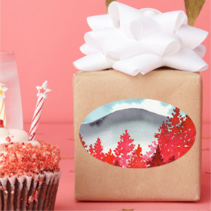 Grey Mountain With Red Trees Watercolor Oval Sticker