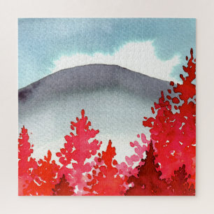 Grey Mountain With Red Trees Watercolor Puzzle