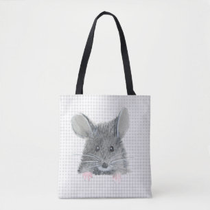 Grey Mouse on Gingham Tote Bag