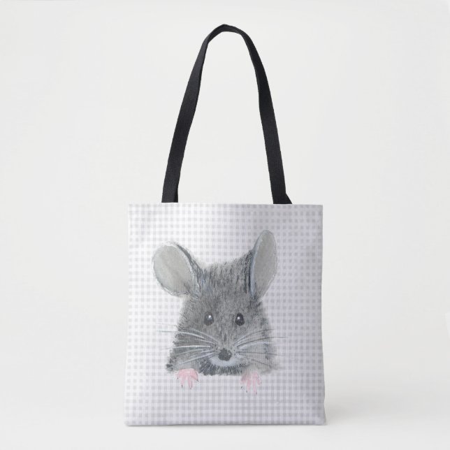 Grey Mouse on Gingham Tote Bag (Front)