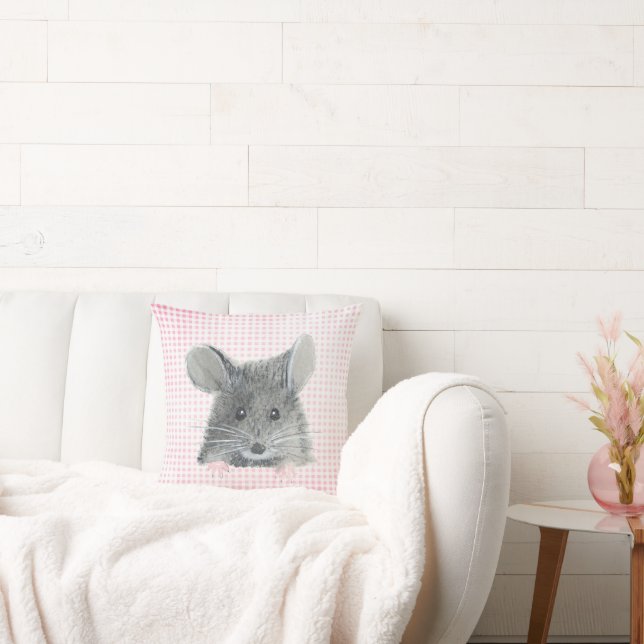 Grey Mouse on Pink Gingham Cushion (Couch)