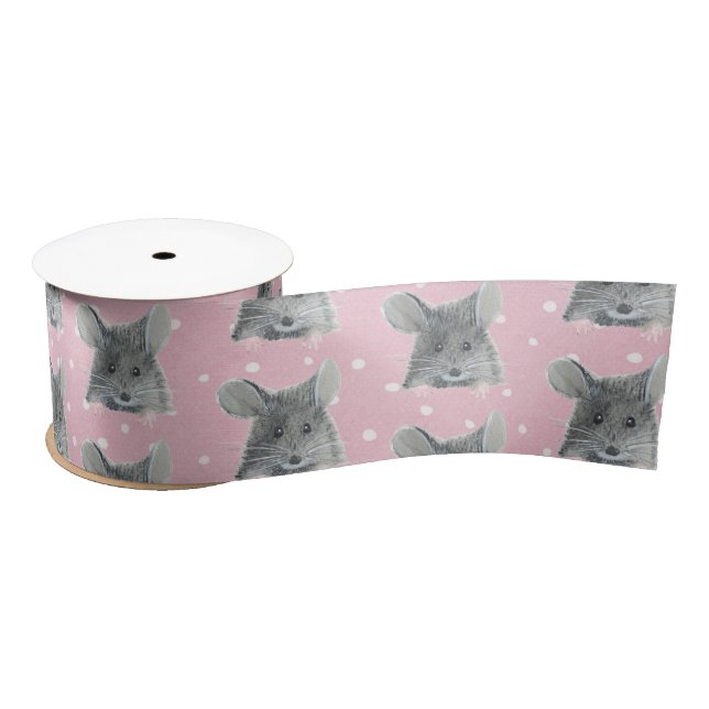 Grey Mouse on Polka Dots  Satin Ribbon (Spool)